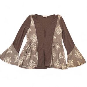 Sugarfox Aztec Babydoll Bell Sleeve Blouse Top Womens Medium Boho Western Spring